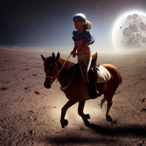 Prompt: A fantasy style real photo of Annita riding a horse on the moon, dynamic lighting