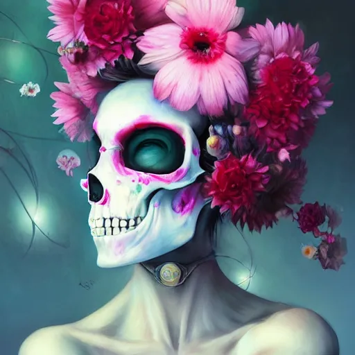 Prompt: Pink Death, skull, flowers, colorful, by Stanley Artgerm Lau, WLOP, Rossdraws, James Jean, Andrei Riabovitchev, Marc Simonetti, Yoshitaka Amano, ArtStation, CGSociety,