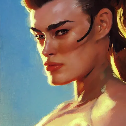 Image similar to greg manchess portrait painting of confident keira knightley as beautiful thick female bodybuilder zarya from overwatch, medium shot, asymmetrical, profile picture, organic painting, sunny day, matte painting, bold shapes, hard edges, street art, trending on artstation, by huang guangjian and gil elvgren and sachin teng