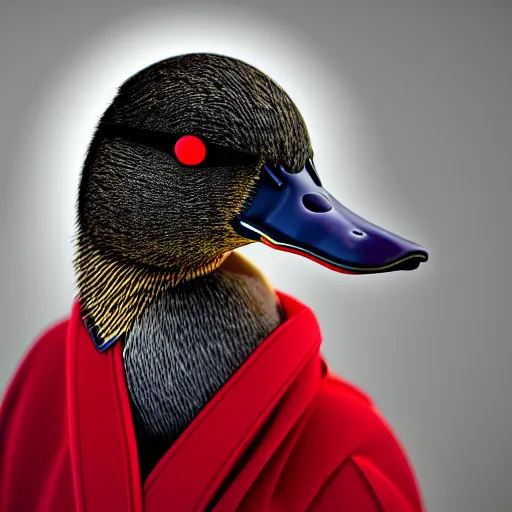 Image similar to portrait of cute mallard duck, wearing cultist red robe, inside a castle, black feathers, glowing arcane eyes, cgi, ultra detailed 3 d render, digital art, 8 k, octane render, unreal engine 5, trending on art station