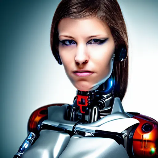 Prompt: portrait photo of (a beautiful) female cyborg