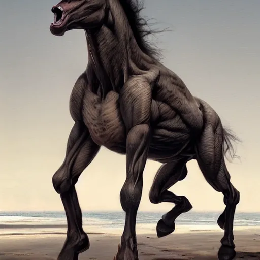 Prompt: portrait of a muscular half man half horse mutant creature on the beach,digital art,ultra realistic,ultra detailed,art by greg rutkowski,hyperdetailed,anthropomorphic,photorealistic,trending on artstation,deviantart,SFW