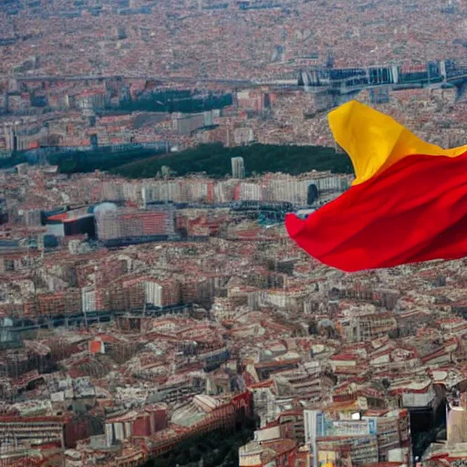 Image similar to santigo abascal flying over barcelona wearing a red and yellow cape