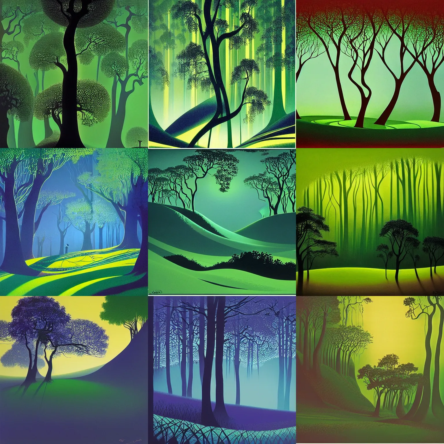 Prompt: fantasy with earth forest and meadow magic, at gentle dawn green light, by eyvind earle