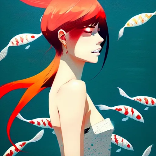 Prompt: a ultradetailed beautiful panting of a stylish woman surrounded by floating koi fish, by conrad roset, greg rutkowski and makoto shinkai, trending on artstation