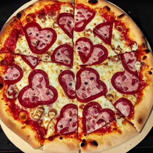 Prompt: heart pizza with bones on it. hyperdetailed photorealism