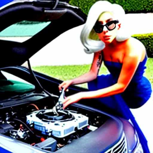 Image similar to lady gaga fixing a car engine