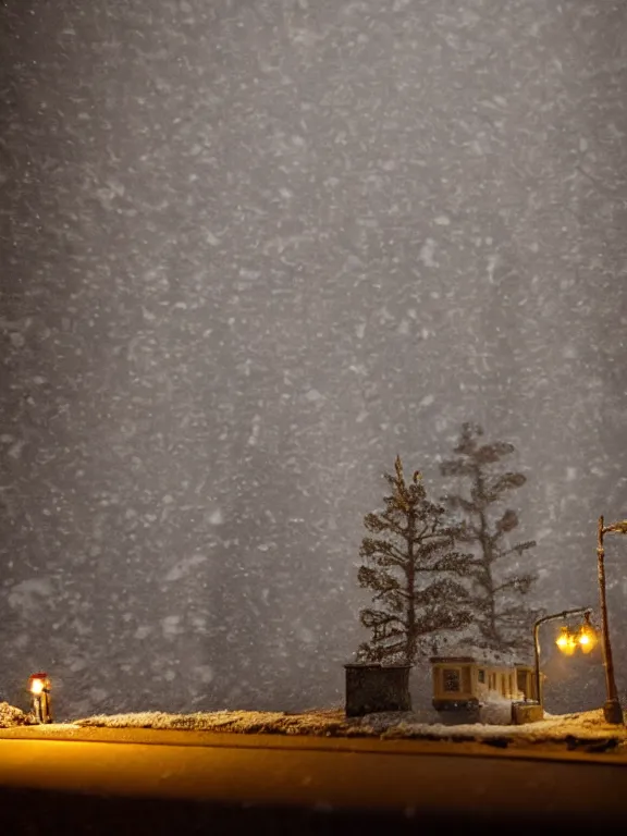 Image similar to small diorama a soviet residential building, lights are on in the windows, dark night, two man fighting for bottle of vodka on yard in front of building, cozy atmosphere, fog, cold winter, snowing, streetlamps with orange volumetric light, birches nearby,