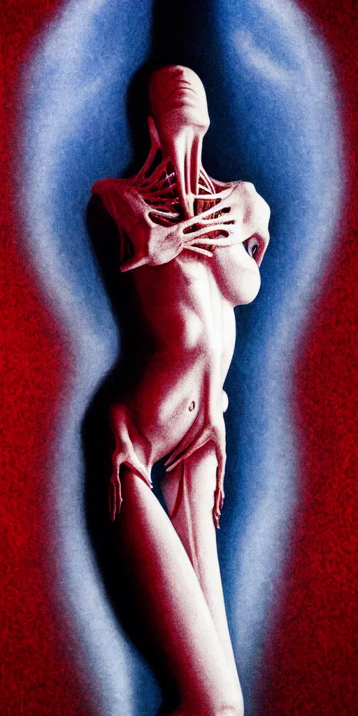 Image similar to poster design, full body anatomical model, 3 d photographic render of a deconstructed asymmetric human anatomical correct human body, in hoc signo vinces, waterfall, in the style of leonora carrington, gottfried helnwein, intricate composition, blue light by caravaggio, insanely quality, highly detailed, masterpiece, red light, artstation