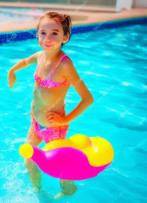 Image similar to color sketch of a young girl in a swimming pool, with an inflatable flamingo floating nearby, professional