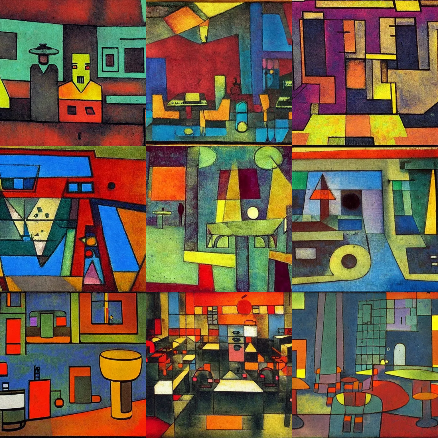 Prompt: A cyberpunk cafe painted by Paul Klee