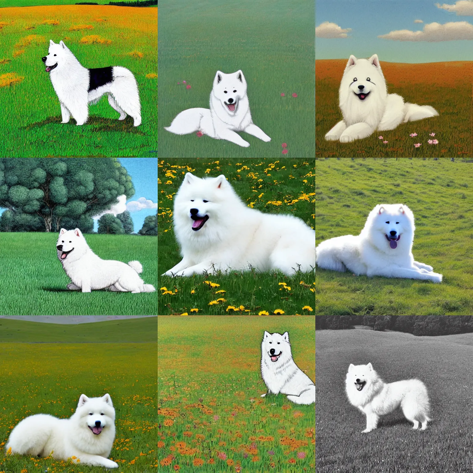 Prompt: a samoyed dog sitting in the middle of sunny meadow, by Katsuhiro Otomo