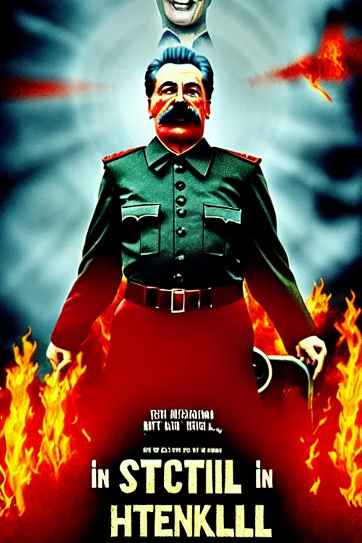 Prompt: movie poster, stalin in hell, scary poster in color, poster in 4 k