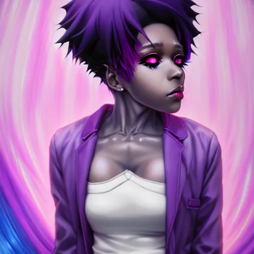 Image similar to portrait of a black anime manga girl, french bob hair, white hair, purple colored eyes, by artgerm, james jean, tom bagshaw, gerald brom, vaporwave colors, lofi colors, vaporwave, lofi, goth vibe, 4 k, smooth, hd, substance designer render, full body character concept art, symmetrical, 2 point lighting,