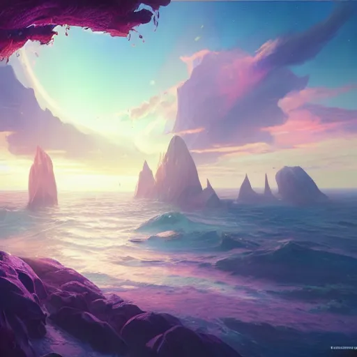 Image similar to fantasy allods islands in mystic astral ocean, at gentle dawn pink light, rossdraws, artgerm, norman rockwell, emiliano ponzi, epic composition, hd, octane, unreal engine, volumetric lighting, light rays, masterpiece, award - winning