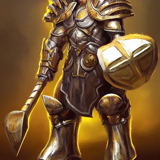 Image similar to Giant minotaur humanoid beast warrior with two handed axe, horned helmet, concept art, heavy white and golden armor, giant horns, portrait, dungeons and dragons, hyperrealism, high details, digital painting, dark fantasy