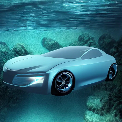 Image similar to swimming car, underwater car, concept design, 8k, digital art