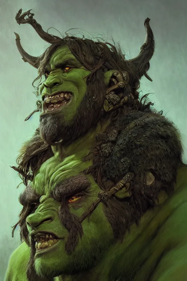 Image similar to portrait of a druidic green mountain orc, looking at camera, d & d, savage warrior, fur attire, aztec hair, large noses, intricate, fantasy, extremely detailed, digital painting, artstation, concept art, smooth, sharp focus, illustration, ambient lighting, art by artgerm and greg rutkowski and alphonse mucha and simon stalenhag