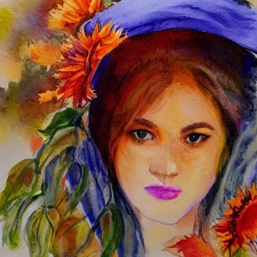 Image similar to molly sanden, watercolor, in the style of claude monet, beautiful face, sunflowers, fall leaves red and orange, award winning, hd, 4 k, purple, blue