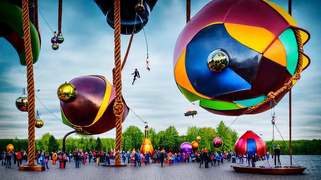 Image similar to large colorful futuristic space age metallic steampunk steam - powered balloons with pipework and electrical wiring around the outside, and people on rope swings underneath, flying high over the beautiful klaipeda in lithuania city landscape, professional photography, 8 0 mm telephoto lens, realistic, detailed, photorealistic, photojournalism