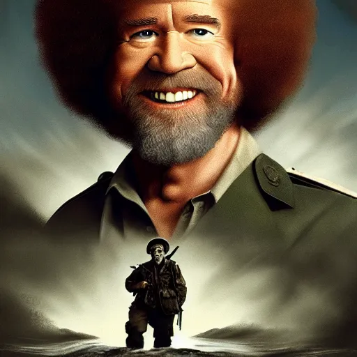 Prompt: bob ross in saving private ryan, concept art, movie poster, 4 k