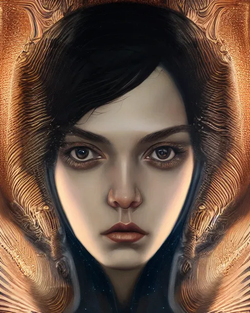 Prompt: symmetrical portrait of a 2 5 year old girl, by karol bak, james jean, tom bagshaw, rococo, sharp focus, trending on artstation, cinematic lighting, hyper realism, octane render, 8 k, hyper detailed.