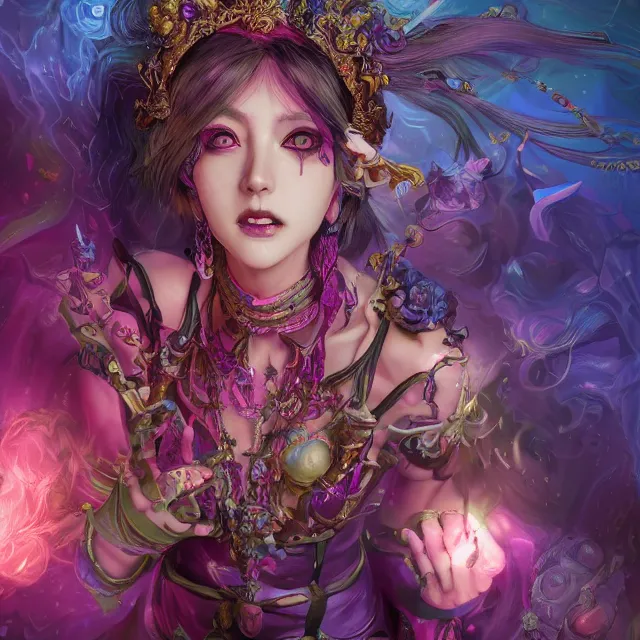 Image similar to the portrait of chaotic evil fallen colorful female necromancer overlord as absurdly beautiful, elegant, young idol, an ultrafine hyperdetailed illustration by kim jung gi, irakli nadar, detailed faces, intricate linework, bright colors, octopath traveler, unreal engine 5 highly rendered, global illumination, radiant light, detailed and intricate environment, 8 k