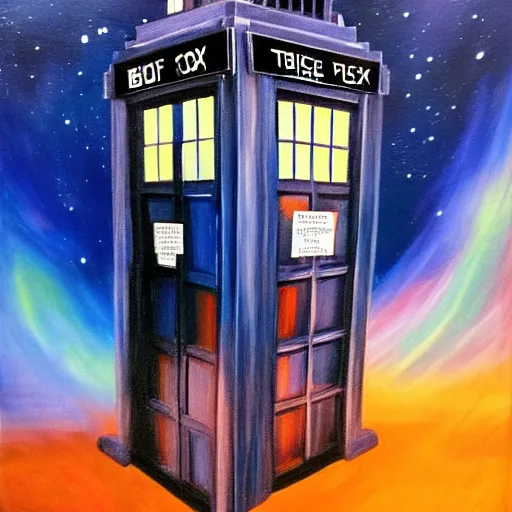 Image similar to oil painting of the tardis from dr who flying through space. rochester blot test. beautiful. space.