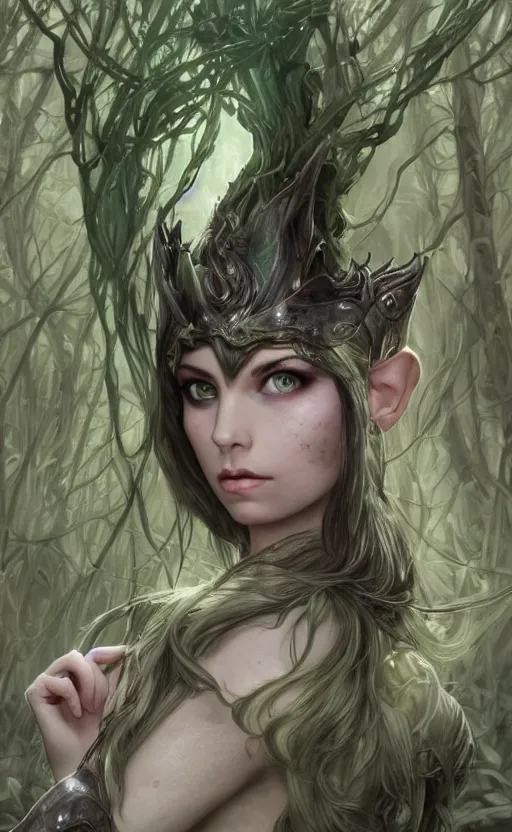 Prompt: portrait of Elven Warrior, female, green eyes, dark hair, pale, face, freckles, fantasy, intricate, elegant, purple mist, in green forest, highly detailed, beautiful, vivid, sunrise, digital painting, trending on artstation, concept art, smooth, sharp focus, illustration, art by artgerm and greg rutkowski and alphonse mucha, unreal engine, 4k, 8k