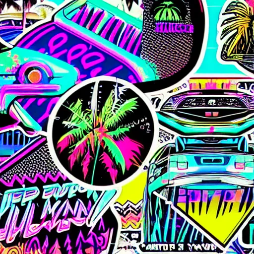 Prompt: deep neon style alien dark sunset electronic machine monster vibrant colours miami beach sunset vapor wave palm trees 80s synth retrowave delorean covered in stickers