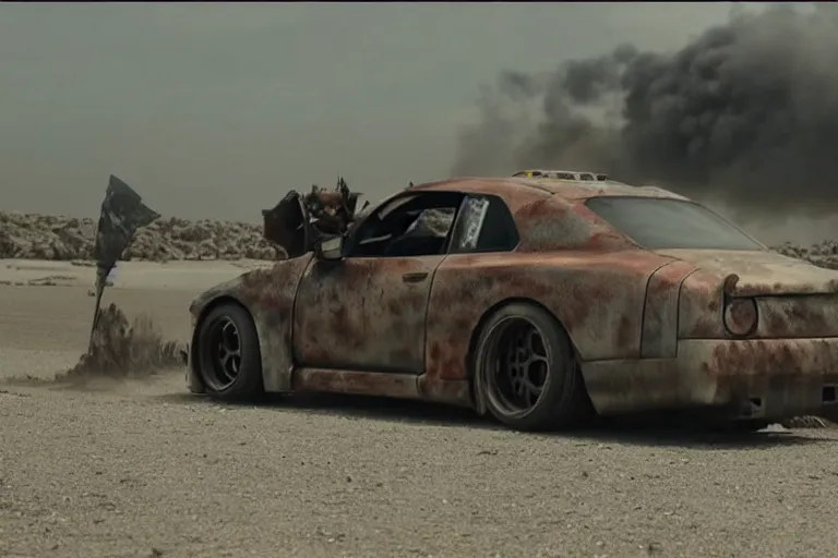 Image similar to Emma Watson driving in Mad Max Road Warrior, rusted, cobbled together Nissan R34 GTR, screenshot, cinematic Eastman 5384 film