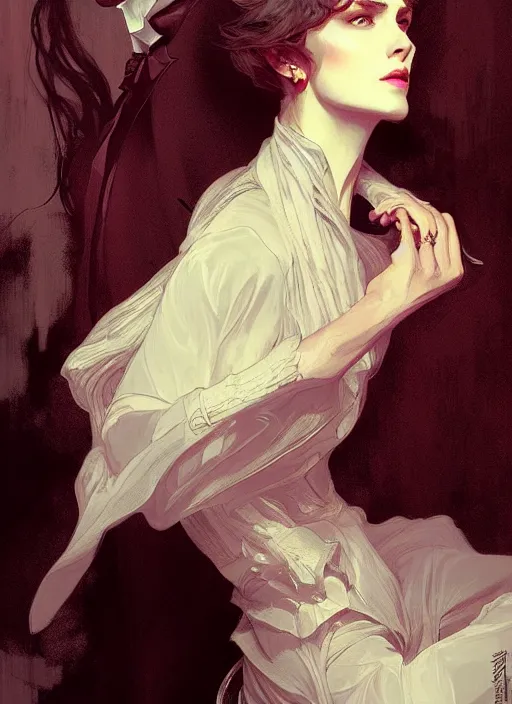 Image similar to dorian gray with a woman, digital painting, artstation, concept art, smooth, sharp focus, illustration, art by artgerm and greg rutkowski and alphonse mucha