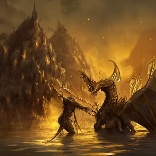 Prompt: 7 knights in golden armor watching a dead dragon body crushed in a lake, fantasy, highly detailed, digital painting, artstation, concept art, illustration