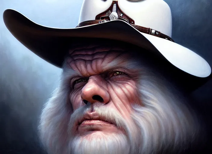 Prompt: portrait shot of white darth vader dressed like a texas sheriff wearing a cowboy hat, intricate, elegant, highly detailed, centered, digital painting, artstation, concept art, smooth, sharp focus, illustration, artgerm, tomasz alen kopera, peter mohrbacher, donato giancola, joseph christian leyendecker, wlop, boris vallejo