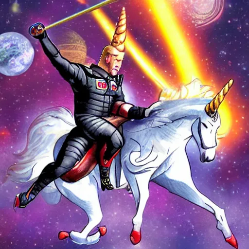 Image similar to Duke Nukem riding a unicorn through space