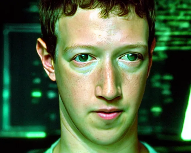 Prompt: a wide angle movie still from the matrix 1 9 9 9 showing mark zuckerberg, close - up face, shot on celluloid with panavision cameras, panavision lenses, 3 5 mm film negative width, anamorphic projection format, critically acclaimed, oscar winning practical effects