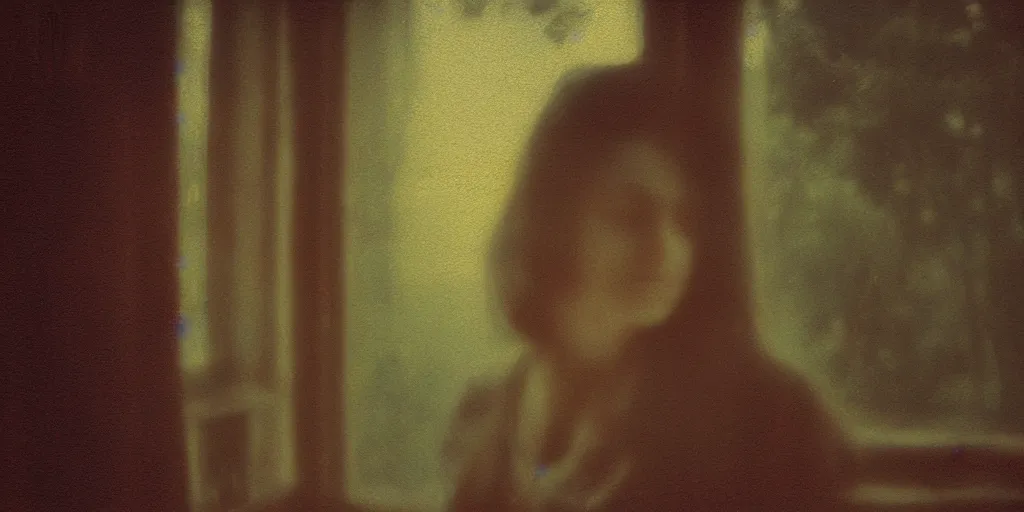Image similar to portrait bust of young woman, solemn expression, faded color film, russian cinema, tarkovsky, kodachrome, old cabin, next to window, heavy forest outside, long brown hair, old clothing, heavy fog, sunset, hudson river school, 4 k, dramatic lighting, greg rutkowski