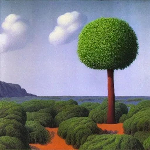 Image similar to painting of a lush natural scene on an alien planet by rene magritte. beautiful landscape. weird vegetation. cliffs and water.