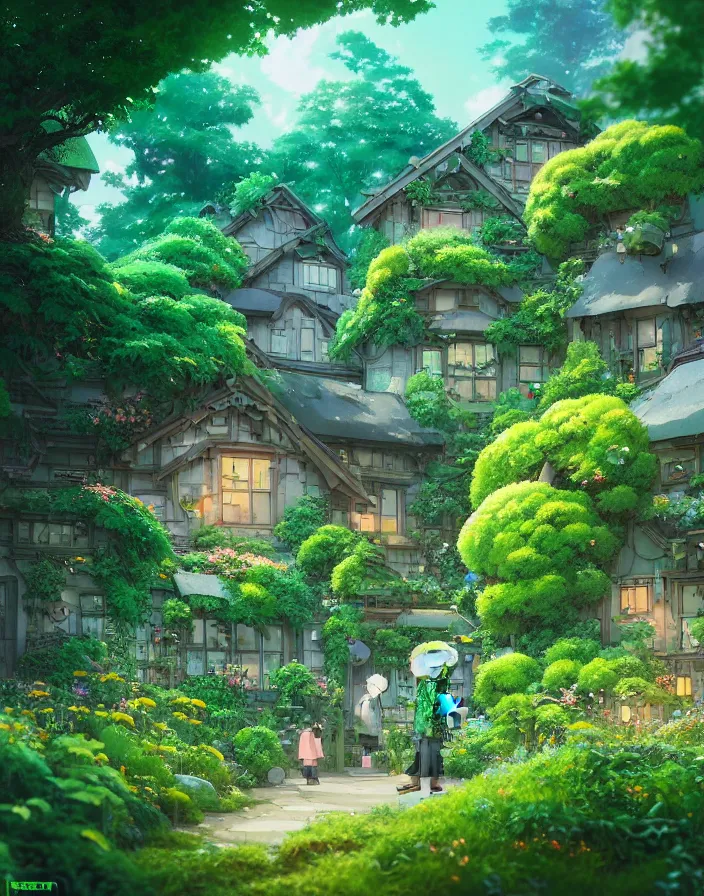 STUDIO GHIBLI, flowery cottage, solarpunk, green | Stable Diffusion