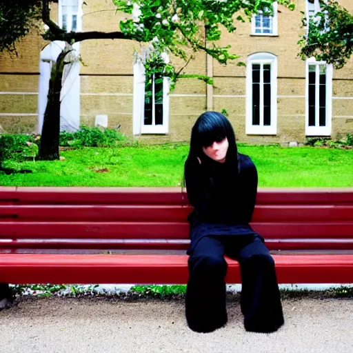 Prompt: emo goth girl sitting on a bench in front of a British house on a hot day, 2006, black hair