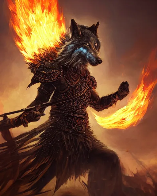 Image similar to oil painting of Anthropomorphized Wolf Warrior holding fire sword, wearing intricate fur armor, sharp focus, magical aura, heroic pose, fantasy style, octane render, volumetric lighting, 8k high definition, by greg rutkowski, highly detailed, trending on art Station, magic the gathering artwork, magical Battlefield backround, centered