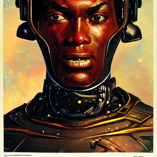 Prompt: photoreal portrait of a powerful black man in scifi armour, space nebula milky way background, by norman rockwell and boris vallejo, artstation, concept character art