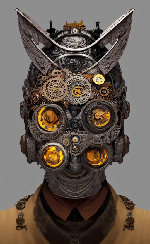 Image similar to steampunk tribal mask, robot, owl, japanese pottery, vivid colors, wood, metal, intricate details, trending on cgsociety, concept art, glowing eyes, sharp focus, ultra realistic details, cinematic atmosphere, global illumination, shadows, octane render, 8 k