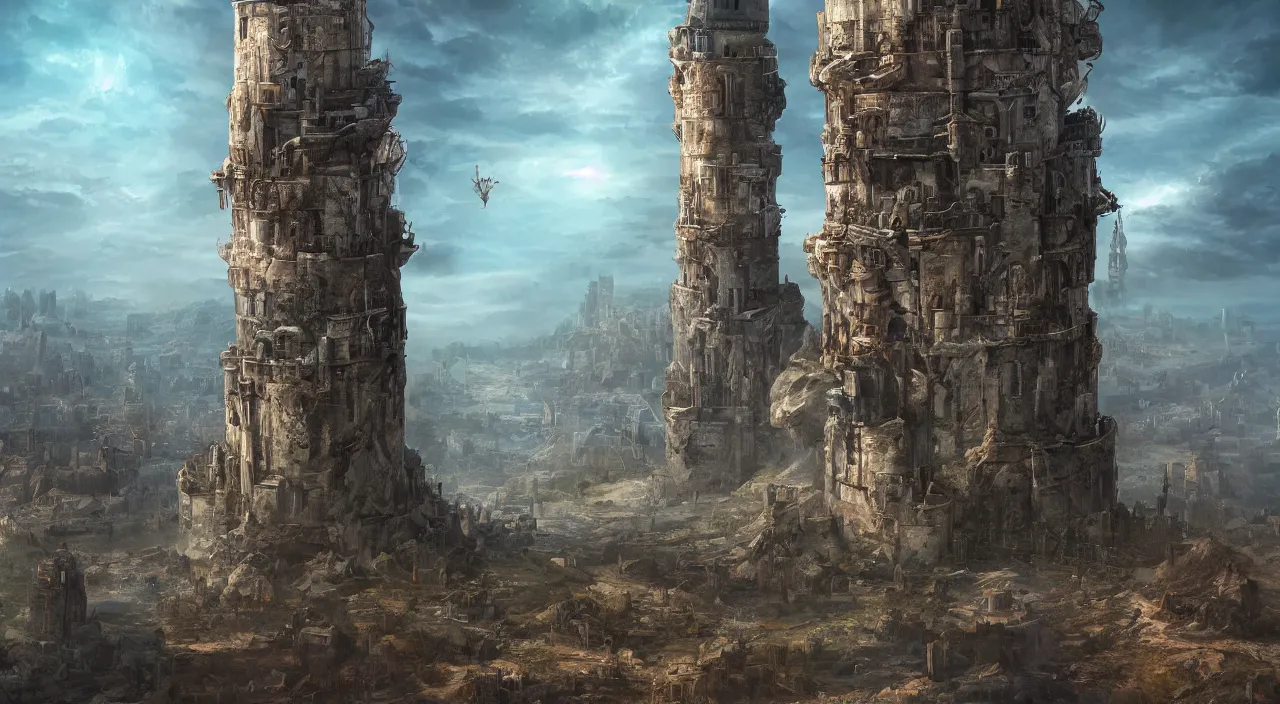 Image similar to an enormous watchtower guarded by cerberus, large scale, breathtaking, mixed media, digital art, trending on artstation, 8k, epic composition, highly detailed, AAA graphics