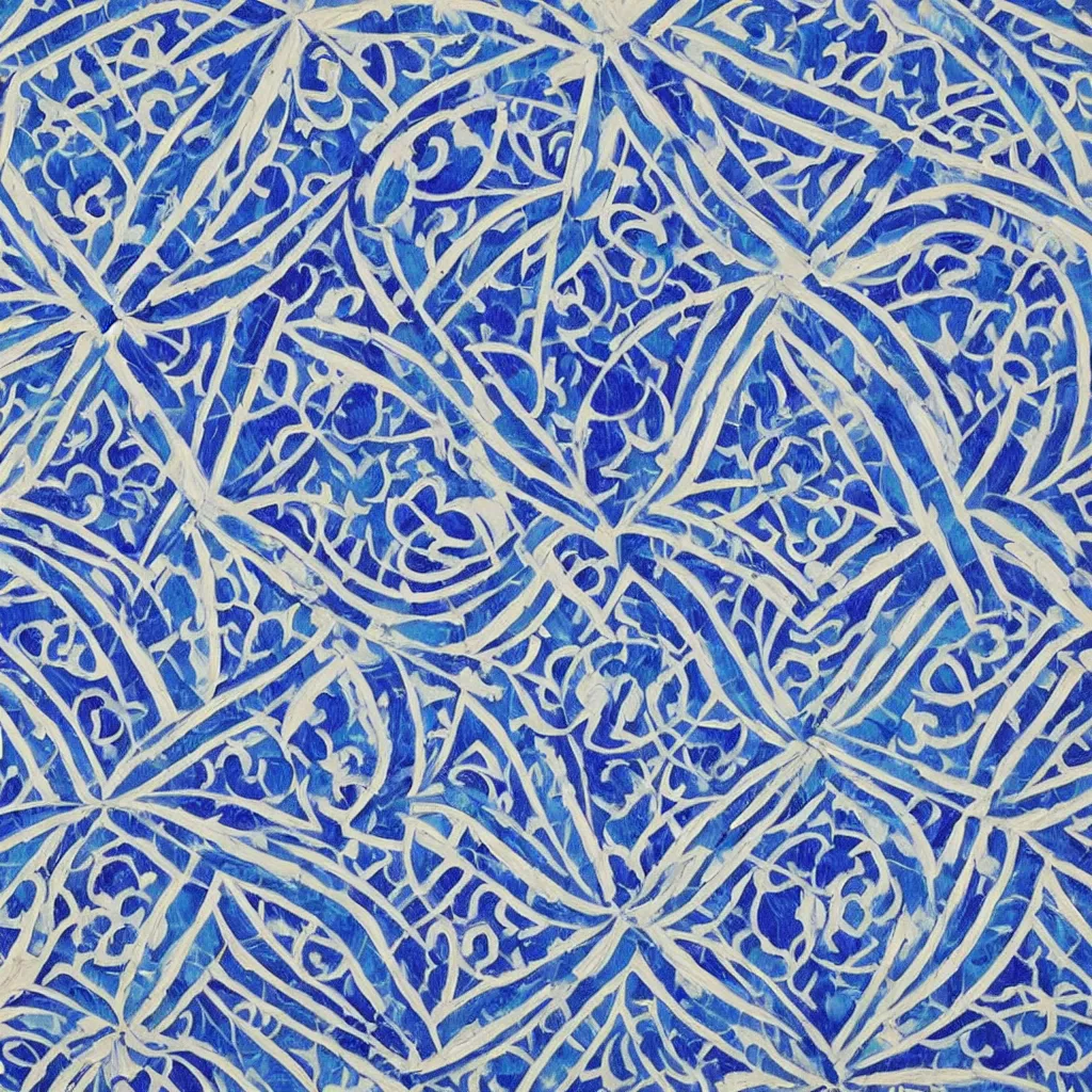 Image similar to a impasto oil painting of beautiful, symmetric indian pattern, blue! and white colors, ultra high details, symmetry, large hexagonal shapes