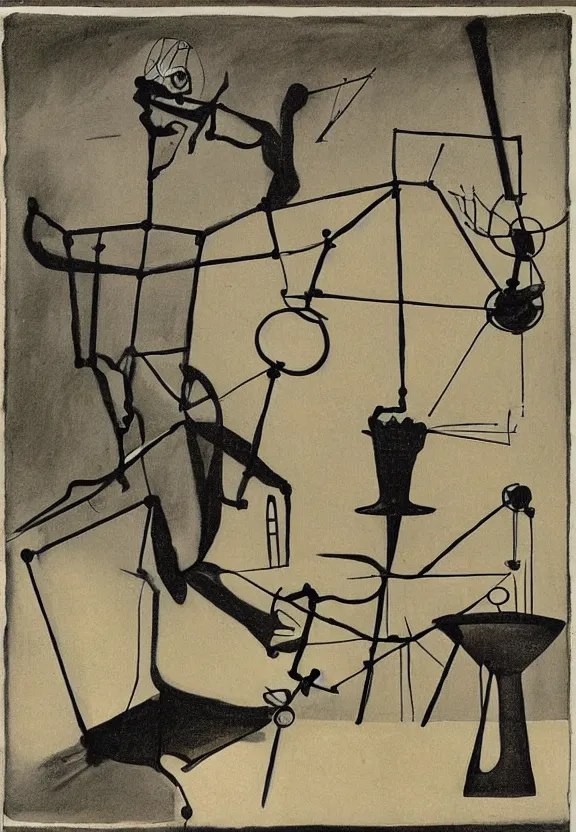 Image similar to a concept drawing of marcel duchamp holding up a chess - piece wire - machine, a surrealist painting by marcel duchamp, complex artificial - intelligence machinery, minimal sketch flow - chart, academic art, 1 9 2 0 s