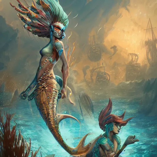 Image similar to merfolk at war, trending on artstation, ultra fine detailed, hyper detailed, hd, concept art, digital painting