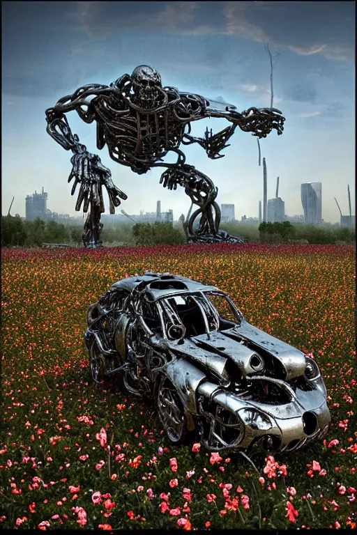 Image similar to destroyed combat terminator lying in a field of flowers, twisted metal, chrome, reflections, earth, terrible, anthropomorphic, photorealism, smoke, metal, 8 k, surreal, wires, wild flowers, greenery, top view, extremely detailed, ultra - realism, cinematic light, epic, art by jeff koons, artgerm and greg rutkowski