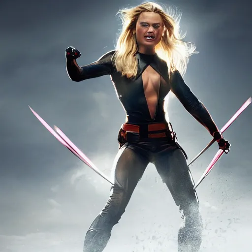 Prompt: an award winning cinematic still of beautiful Margot Robbie as Wolverine in epic battle pose , 16k hyper realistic photograph, centered, dramatic lighting