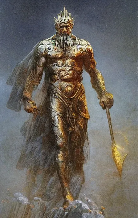 Image similar to zeus god, wearing thunder armor, ancient greek ornamented armor, beksinski, weta workshop concept art